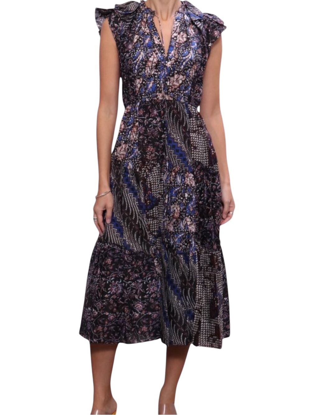 Ulla Johnson Asis Silk & Cotton Voile Batik Flutter Sleeve Split Neck Midi Dress